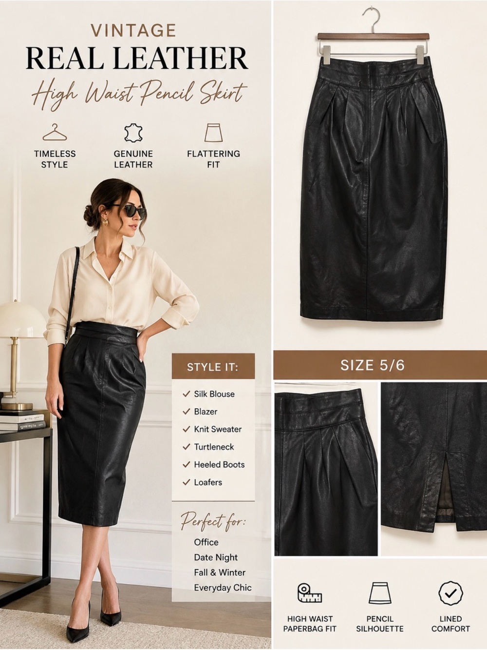 Vintage Black Leather Pencil Midi Skirt High Rise Lined Real Leather 5/6